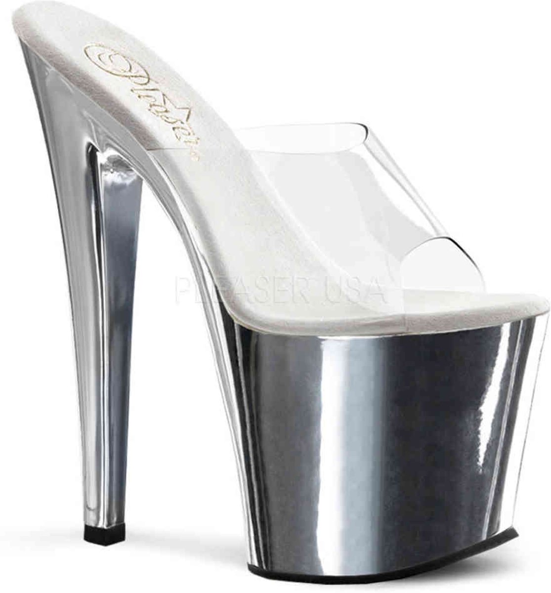 EU 39 = US 9 | TABOO-701 | 7 1/2 Heel, 3 1/2 Chrome Platform Slide